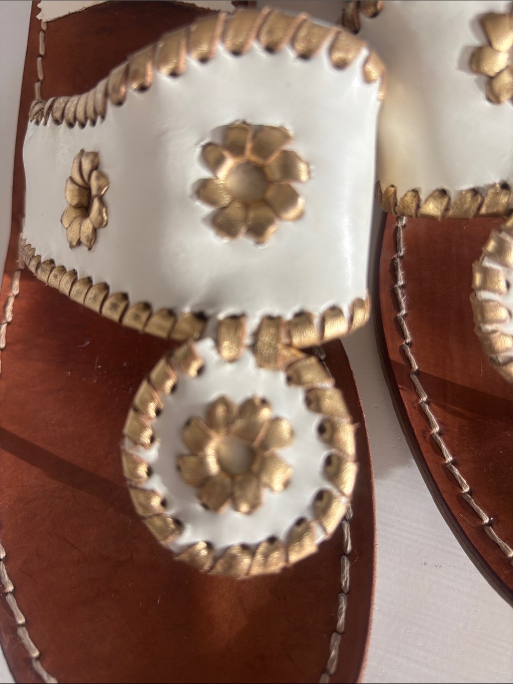 Women’s White Leather Slide Sandals with Gold Floral Accents - Picture 3 of 4